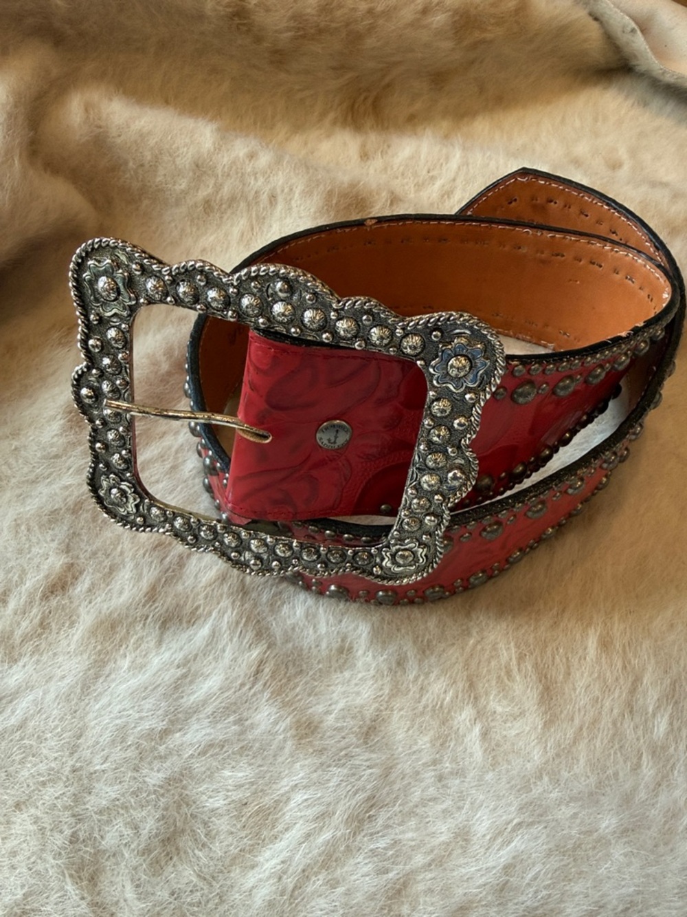 Double J Saddlery Red Embossed Leather Studded Belt with Decorative Buckle
